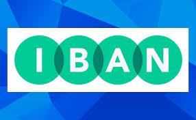 A graphic with the word "IBAN" in white capital letters, each letter inside a green circle, set against a blue geometric background.