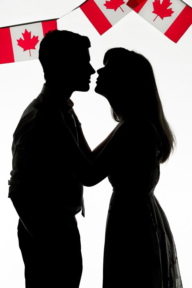 Silhouetted couple embracing in front of a background with Canadian flags hanging above.