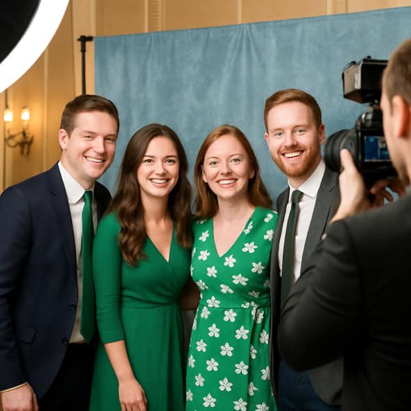 Four people dressed formally stand close together and smile while posing for a photographer in front of a blue backdrop at an indoor event. Two women wear green dresses, and two men wear suits and ties.
