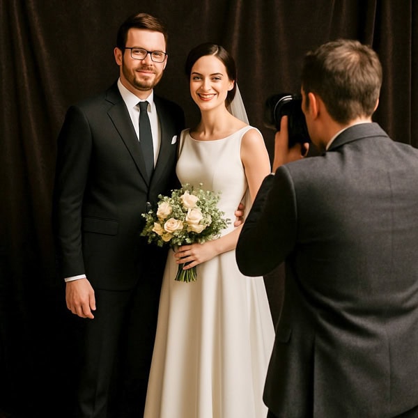 A bride in a white dress holding a bouquet and a groom in a black suit pose together in front of a dark backdrop while a photographer takes their picture.