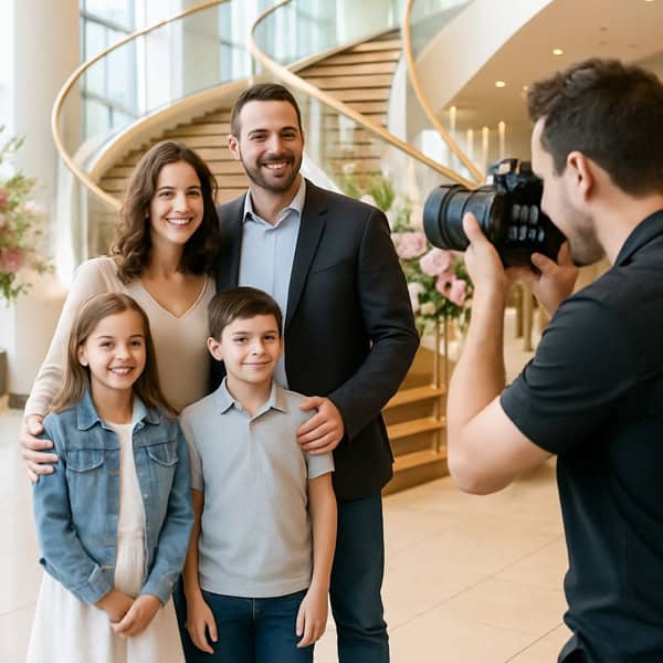A man takes a photo of a smiling family of four standing together indoors in front of a spiral staircase. The family consists of an adult couple and two children, one girl and one boy.