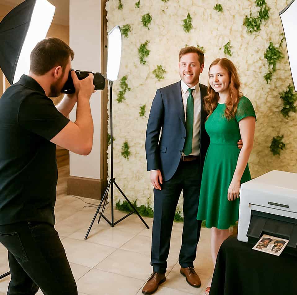 A man in a suit and a woman in a green dress pose together in front of a white floral backdrop, while a photographer takes their picture. Studio lights and a photo printer are visible in the scene.