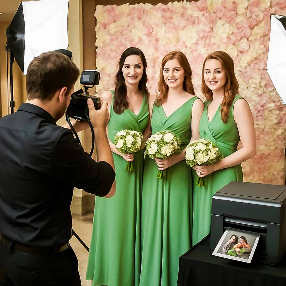A photographer takes a picture of three women in matching green dresses holding bouquets, standing in front of a floral backdrop. A printed photo and studio lighting equipment are visible in the foreground.