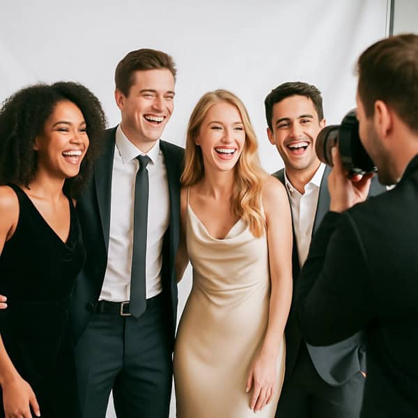 Four young adults, dressed formally and smiling, stand close together as a photographer takes their picture in front of a plain white background.