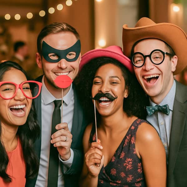 Four people dressed in formal attire pose for a photo, holding playful props such as fake glasses, mustaches, lips, and masks. They are smiling and standing close together at what appears to be a festive event.