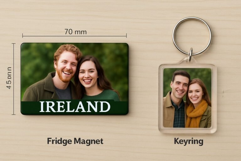A fridge magnet labeled "IRELAND" (70 mm by 45 mm) and a keyring are shown, each featuring a photo of a smiling couple against a blurred green background—perfect for gifts or keepsakes with our Custom Keyring Service.