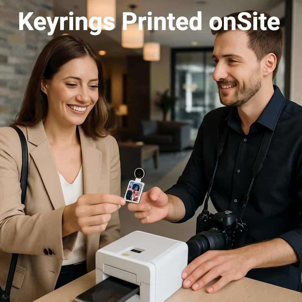 A smiling woman receives a printed keyring from a man with a camera around his neck. A small printer sits on the counter between them. Text at the top reads, “Keyrings Printed onSite.”.