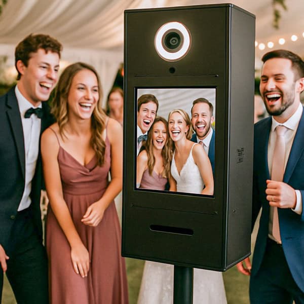 Four well-dressed adults stand together, smiling and laughing in front of a photo booth; their group photo appears on the booth’s screen. The setting appears festive, possibly a wedding or formal event.