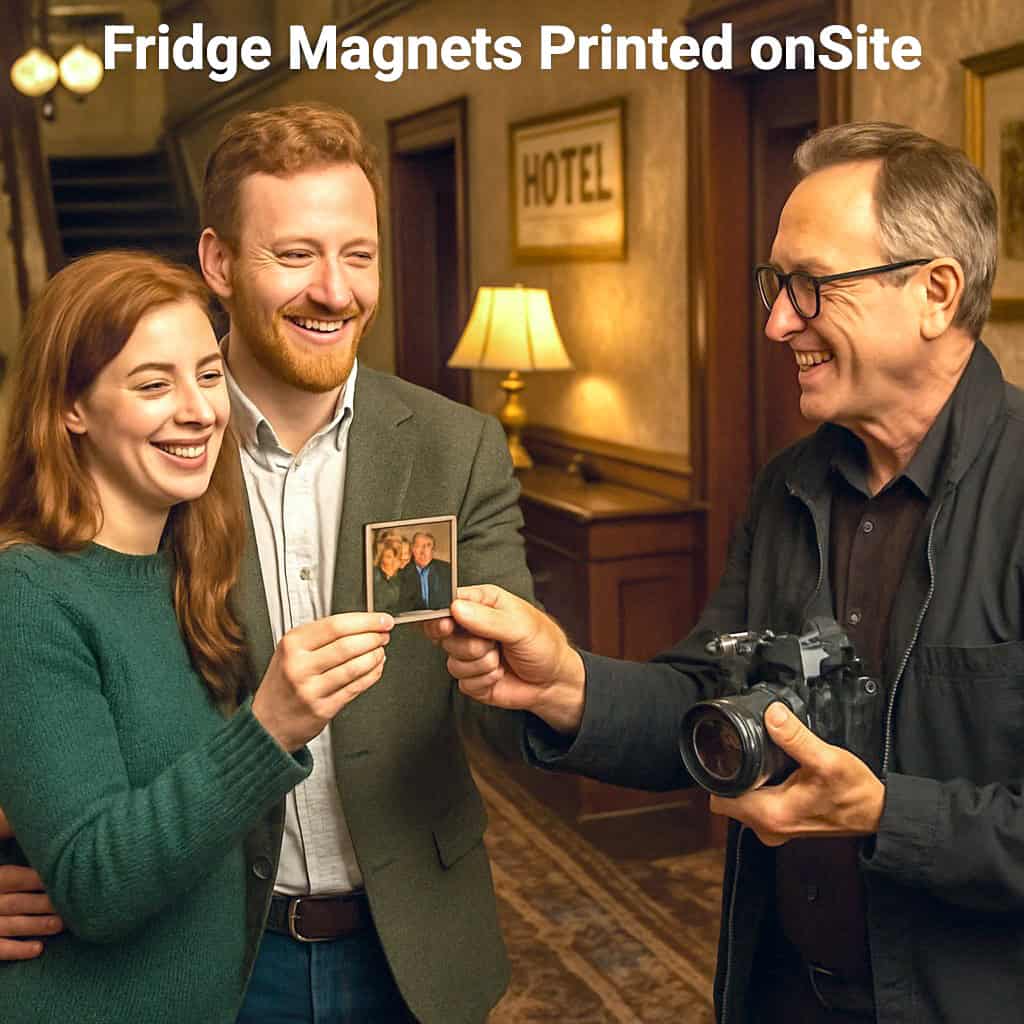 Three people stand in a hallway; a smiling woman and man hold a photo, while another man holding a camera hands them the photo. Text at the top reads, “Fridge Magnets Printed onSite.”.