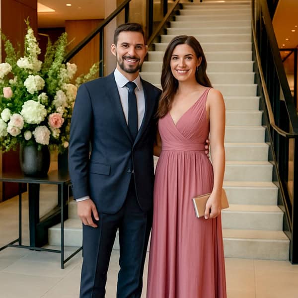 A man in a dark suit and tie stands next to a woman in a sleeveless pink dress holding a clutch. They are smiling in front of a staircase, with a large flower arrangement visible to the left.