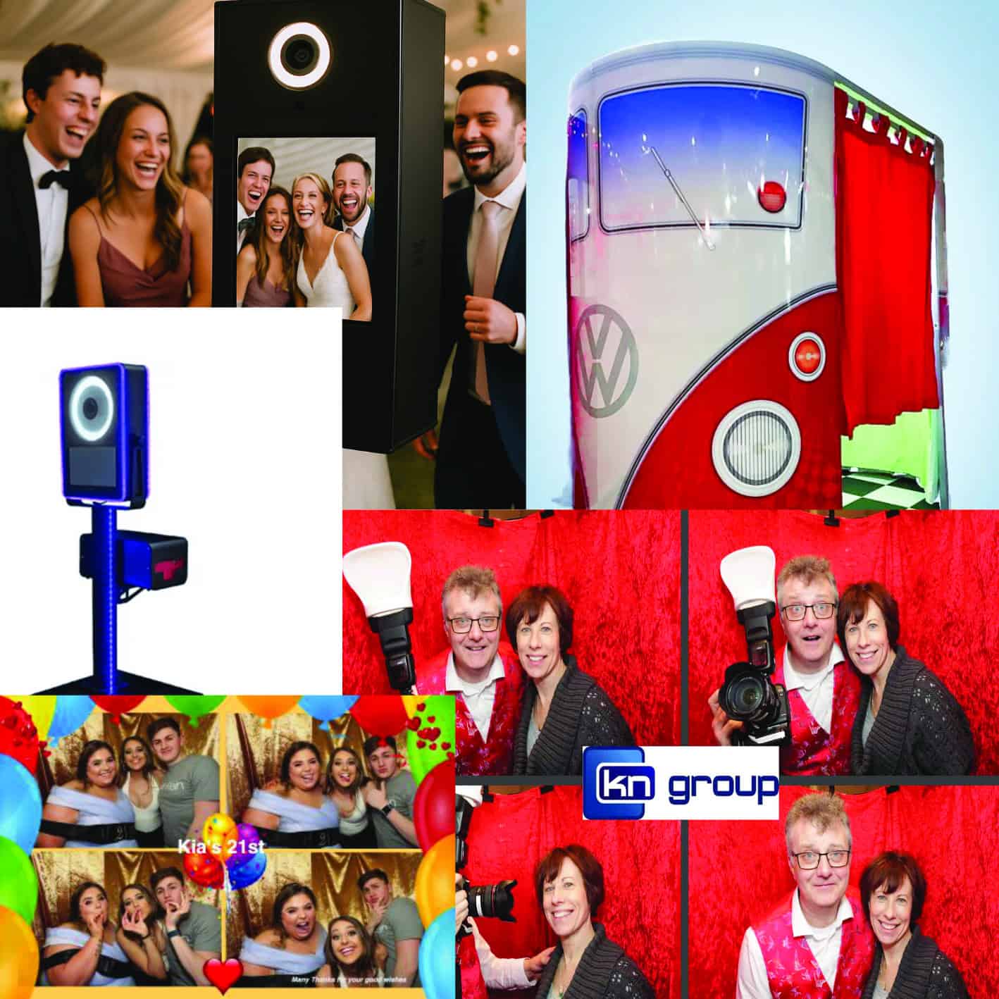 A collage shows people using photo booths at events, including wedding guests, a Volkswagen-themed booth, photo booth machines, and groups posing with props and a red backdrop. The KN Group logo appears in one image.