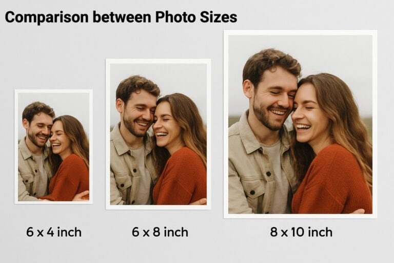 Three printed photos show a man and woman smiling together, displayed in 6x4 inch, 6x8 inch, and 8x10 inch sizes against a light background with the heading "Comparison between Photo Sizes.