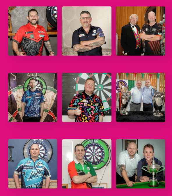 A grid of nine photos shows different men posing, some with dartboards or trophies, wearing colorful shirts, often smiling, against a bright pink background.