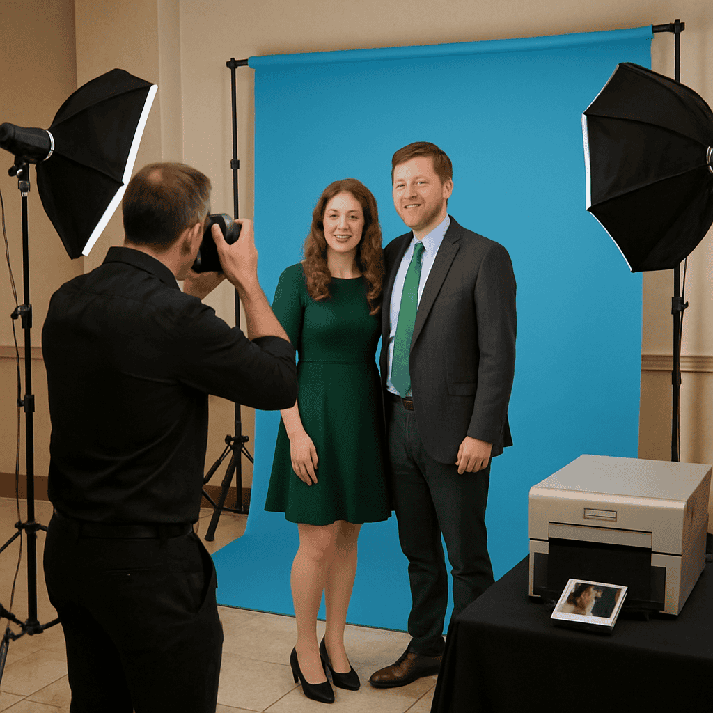 A photographer takes a picture of a smiling man and woman standing in front of a blue backdrop, with studio lights set up on either side and a printer with a printed photo on a nearby table.