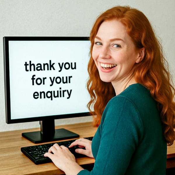 A woman with long red hair sits at a desk, smiling at the camera while typing on a keyboard. A computer monitor next to her displays the message, "thank you for your enquiry.
