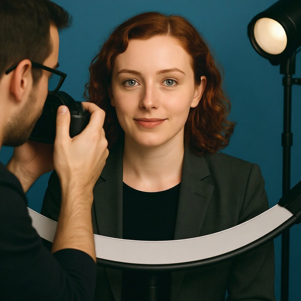 A woman with red hair in a dark blazer sits in front of a blue background as a photographer takes her picture using professional lighting equipment.