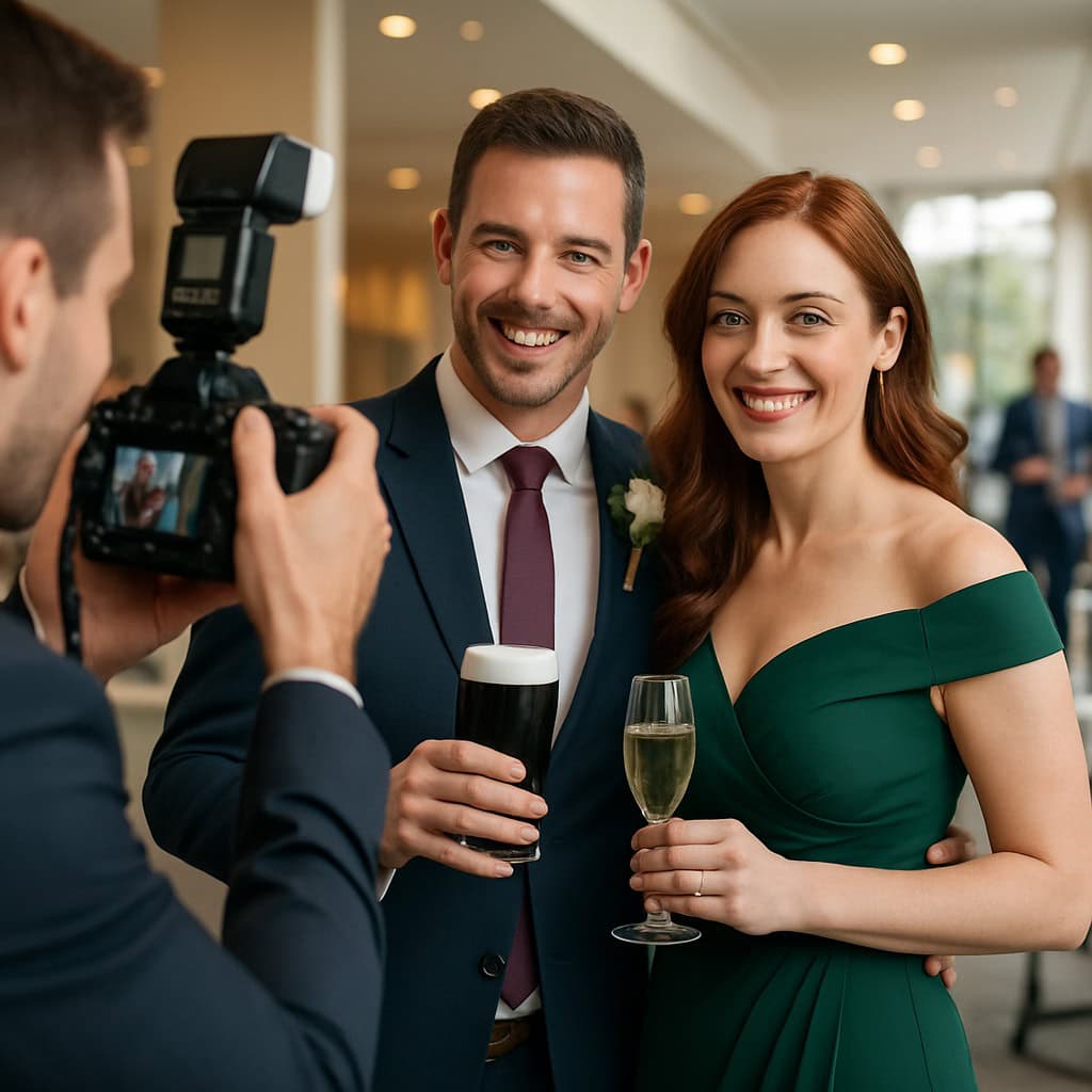 A man in a suit and a woman in an off-the-shoulder green dress pose together, each holding a drink, while another person takes their photo indoors at a formal event.