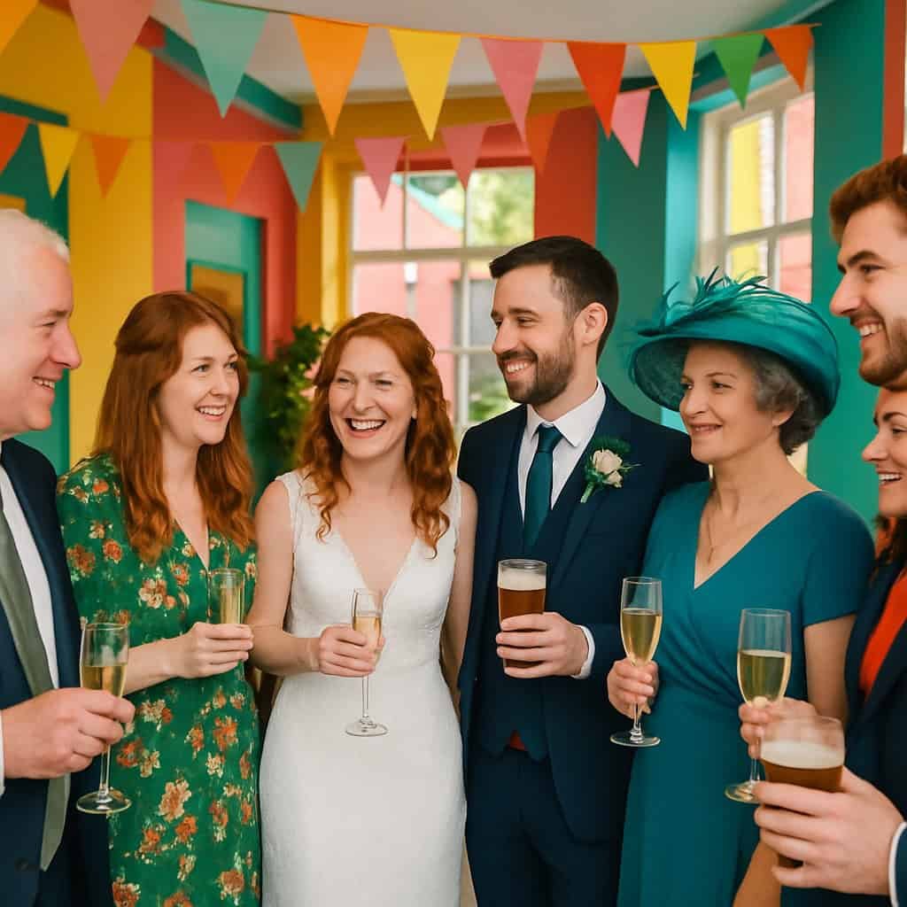 A bride and groom stand smiling with family and friends at a wedding reception, holding glasses of champagne and beer. They are indoors with colorful bunting hanging above and bright decorations in the background.