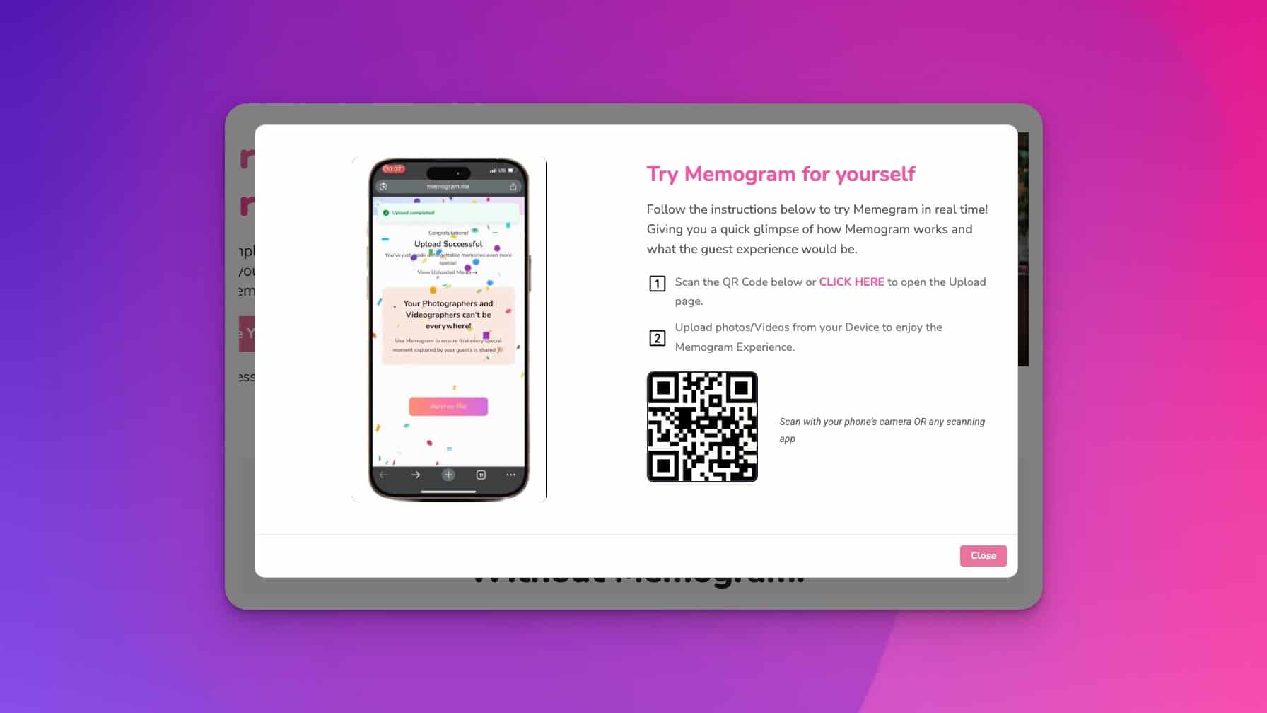 A digital screenshot shows a smartphone displaying the Memogram app on the left, and instructions on how to try Memogram, including a QR code for video upload, on the right. The background is a gradient of pink and purple.