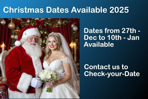 A man dressed as Santa Claus stands next to a woman in a wedding gown holding a bouquet. The background is decorated with Christmas ornaments. Text advertises available Christmas dates in 2025 for events.