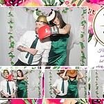 A man wearing a Viking helmet and green tie poses with a woman in a green dress and boxing gloves, who playfully pretends to punch him. Photo booth strips show similar playful poses. Text reads 