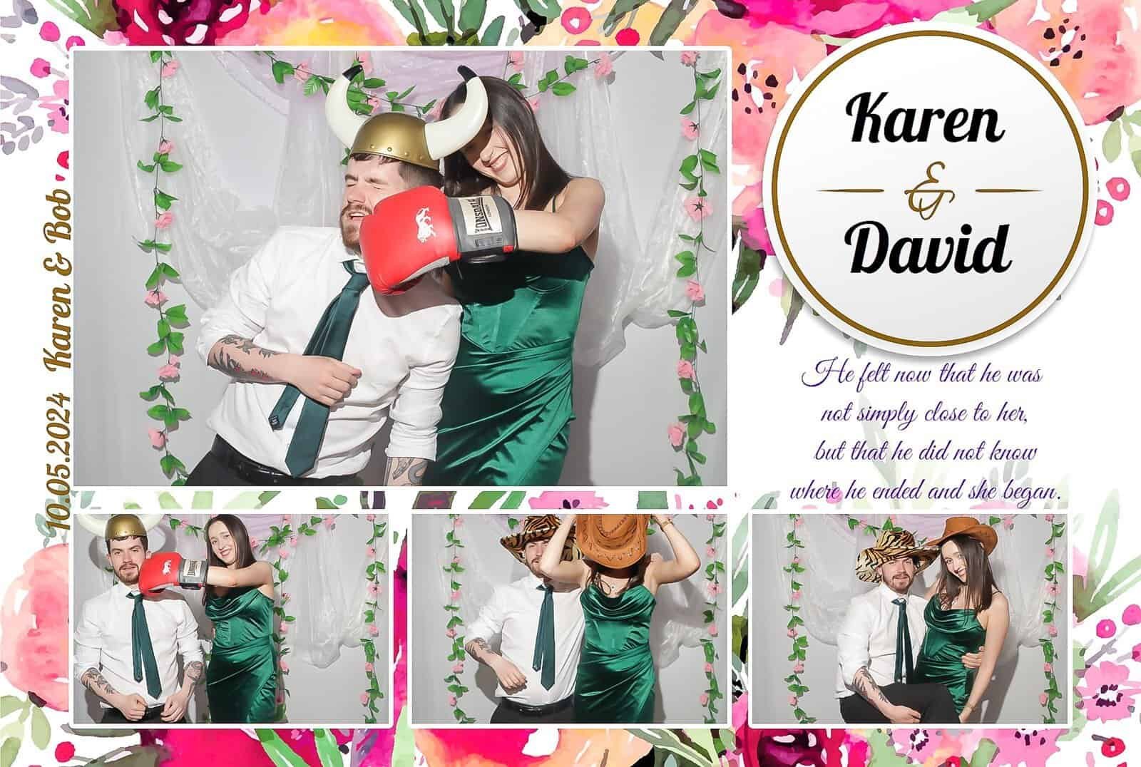 A man wearing a Viking helmet and green tie poses with a woman in a green dress and boxing gloves, who playfully pretends to punch him. Photo booth strips show similar playful poses. Text reads "Karen & David" and the date "10/05/2024.
