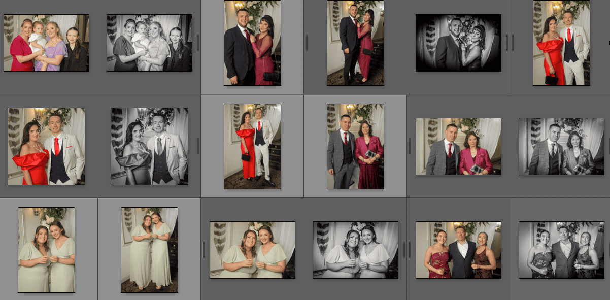 A collage of formal portraits shows individuals and pairs dressed in suits, gowns, and formal attire, posed against a neutral backdrop. Some images are in colour, while others are in black and white.