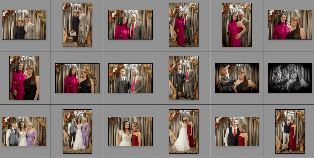A contact sheet of fifteen formal portraits featuring various people posing in pairs or small groups in front of a decorated backdrop with flowers and drapes; one photo is in black and white, the rest are in colour.