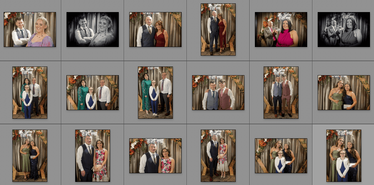 A grid of 15 formal portrait photos shows pairs and groups of people posing in front of a decorative backdrop with flowers and drapery. The people are dressed in semi-formal attire.