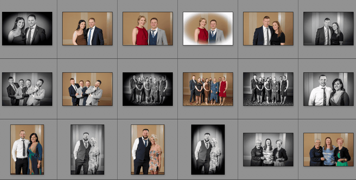 A collage of fifteen formal portraits arranged in three rows, featuring pairs or groups of people posing in front of a neutral backdrop; some images are in colour and others in black and white.