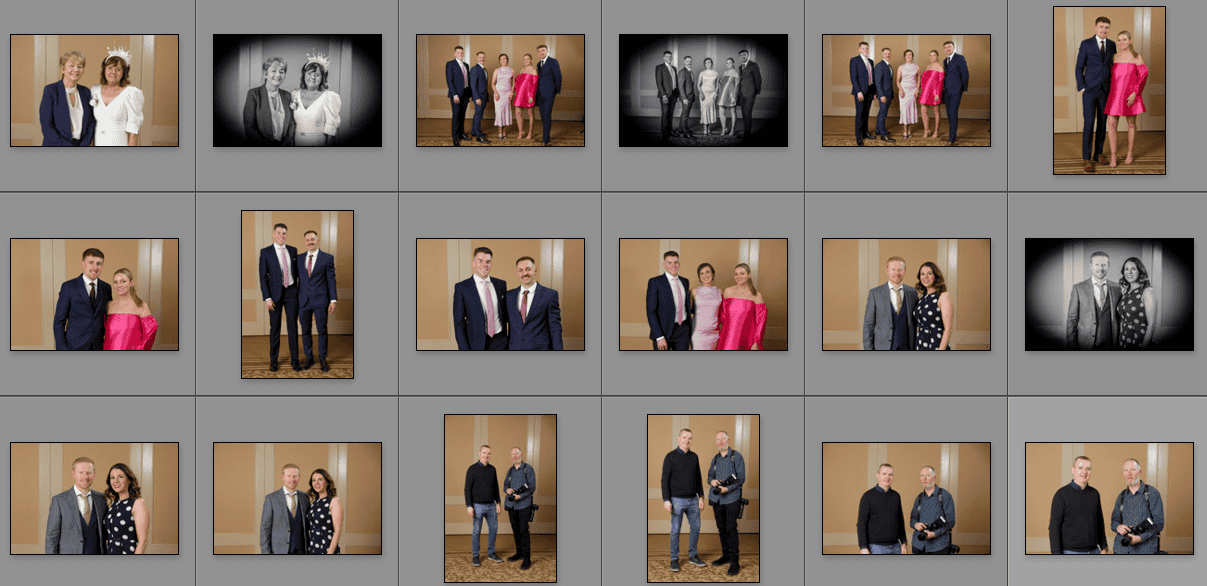A grid of 15 photos showing various pairs and small groups of people posing indoors against a beige wall. Most people are dressed in formal attire, with two images displayed in black and white.
