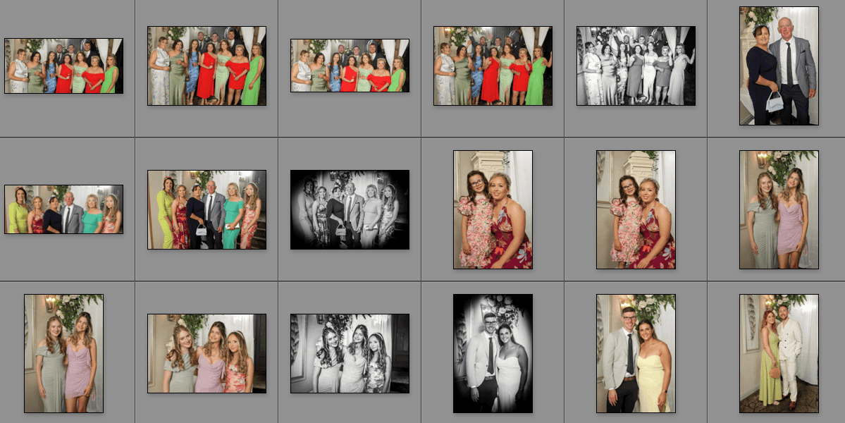 A grid of 18 photographs shows groups of people posing together at an event. The individuals are formally dressed and smiling; some photos are in black and white, others in colour.