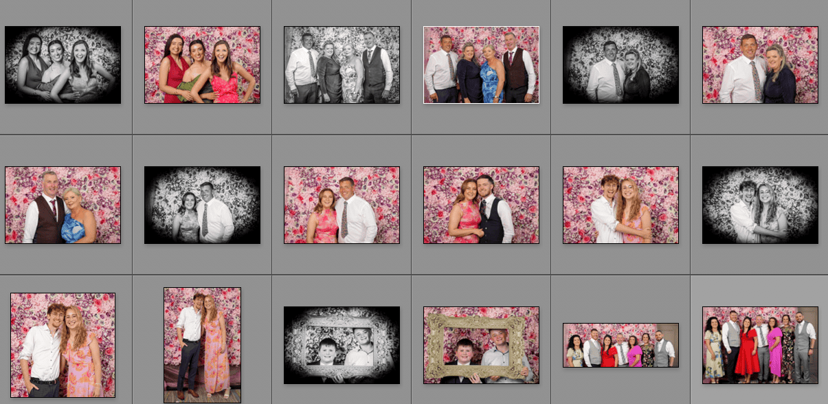 A collage of 16 posed portraits featuring small groups and couples standing in front of a pink floral backdrop, with some images in colour and others in black and white.
