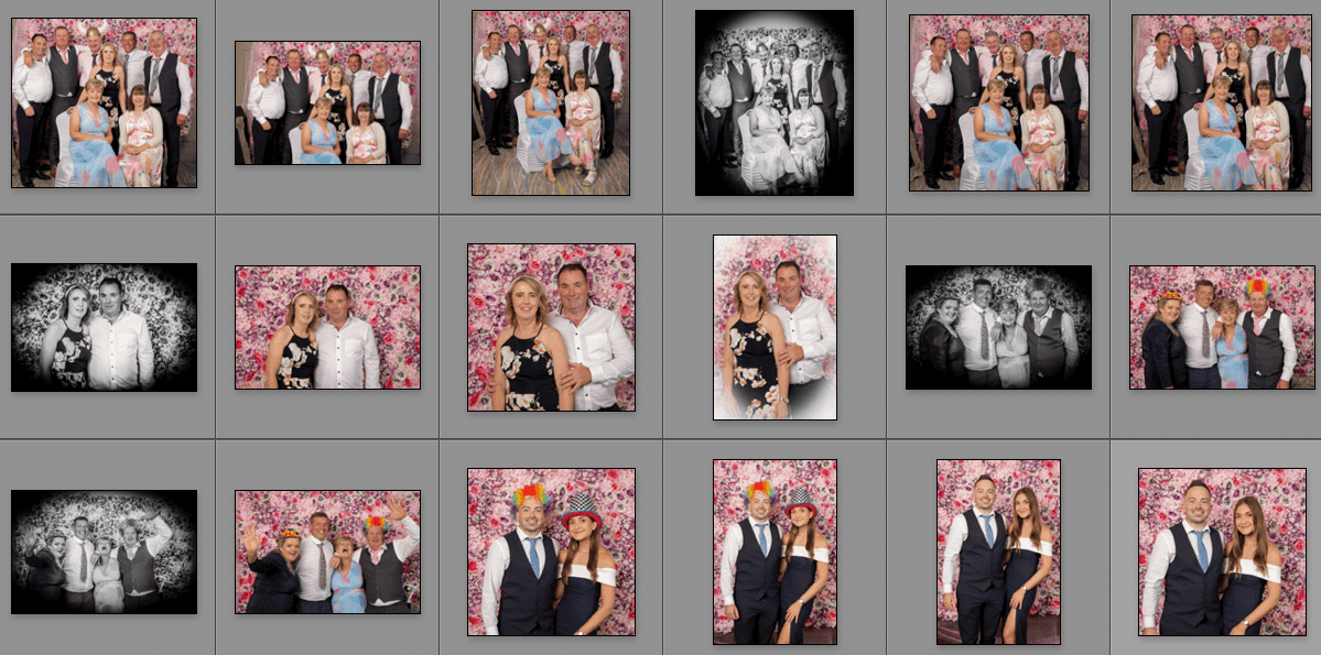 A grid of 15 photos shows groups of people dressed formally, posing in front of a pink floral backdrop. Some photos are in colour, others in black and white. Props like hats are used in a few images.