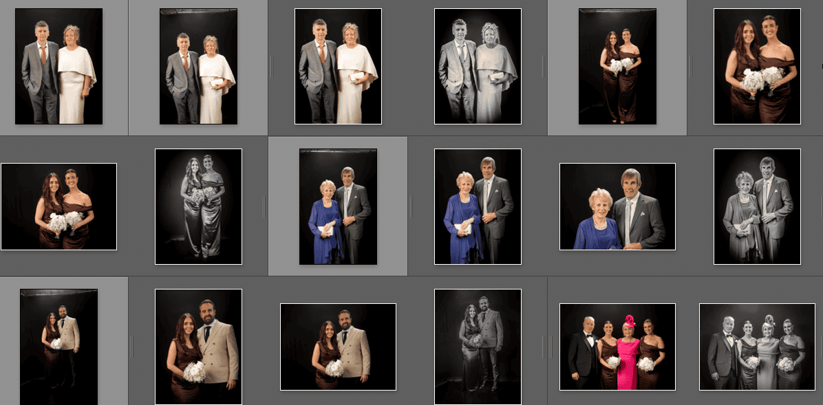 A collage of fifteen formal portraits featuring various pairs and groups of people posing in elegant attire against a black background, including men in suits and women in dresses, some holding bouquets.