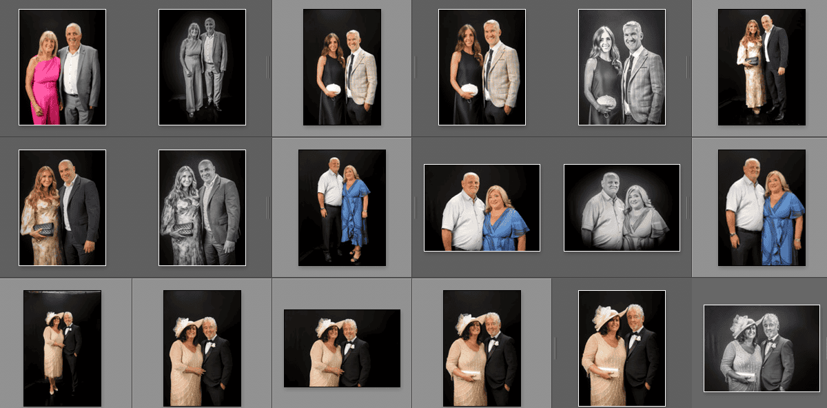 A grid of fifteen formal portrait photos shows couples and individuals in wedding attire, posing against a black background. Some images are in colour, others in black and white. Most subjects are smiling or standing close together.