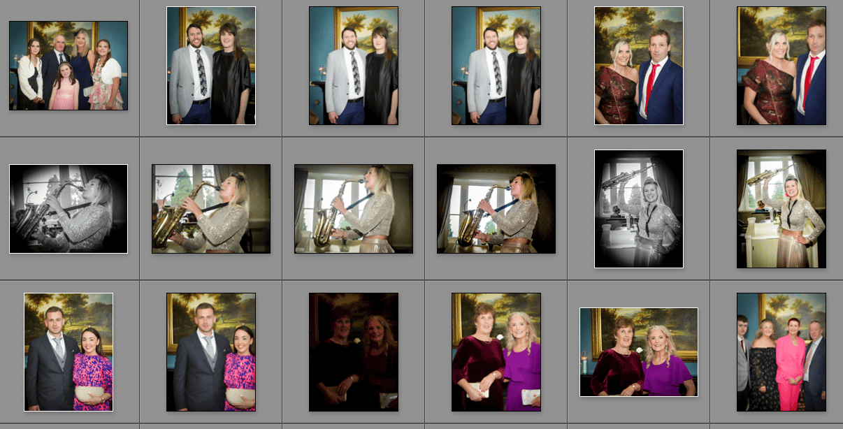 Grid of fifteen photos showing groups and individual people in formal or semi-formal attire, some posing for the camera and others playing instruments. The background includes paintings and interior décor.