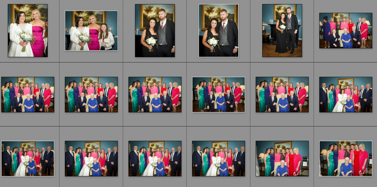 A grid of 15 photos shows groups of people posing indoors, dressed formally. Some hold bouquets, and several wear matching red or blue outfits. The background features a painting of a landscape with palm trees.