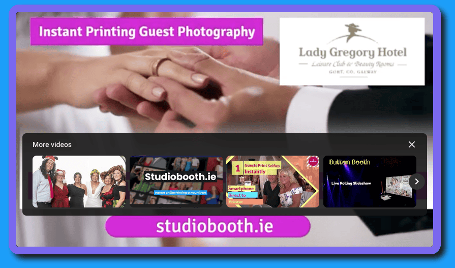A close-up of a couple exchanging rings is overlaid with text promoting instant printing guest photography at the Lady Gregory Hotel. A website link, studiobooth.ie, and video thumbnails appear at the bottom.