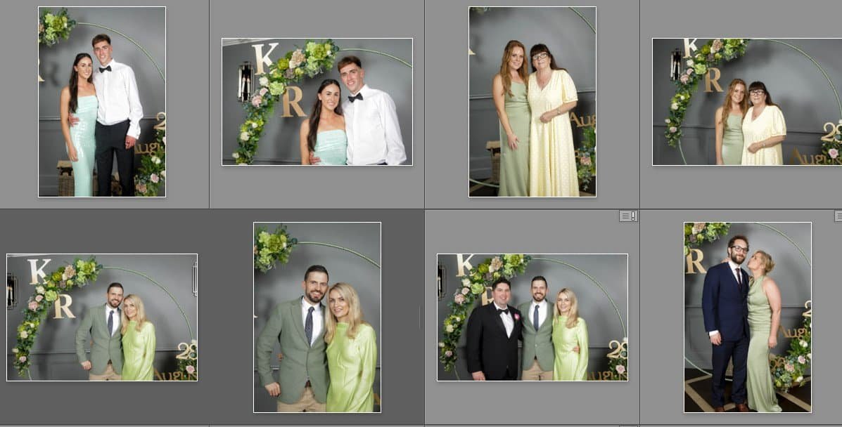Six formal event photos show pairs of people posing in front of a floral arch with the letters “K R” on the wall. All are dressed in formal attire. The background is grey with gold and green decorations visible.