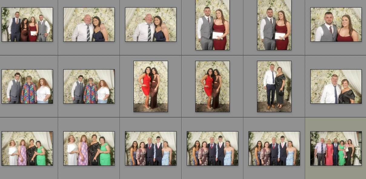 A contact sheet showing 14 formal photos of pairs and small groups posing in front of a white floral backdrop, with people dressed in formal attire, including suits, dresses, and ties.