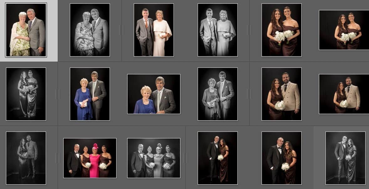 A collage of formal portraits showing couples and pairs dressed in suits, dresses, and gowns, posing against a dark backdrop. Some images are in colour, while others are in black and white.