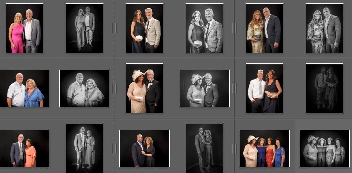 A grid of twelve formal portraits features couples and small groups dressed in suits and dresses, posed against a black background. Some images are in colour, others in black and white.
