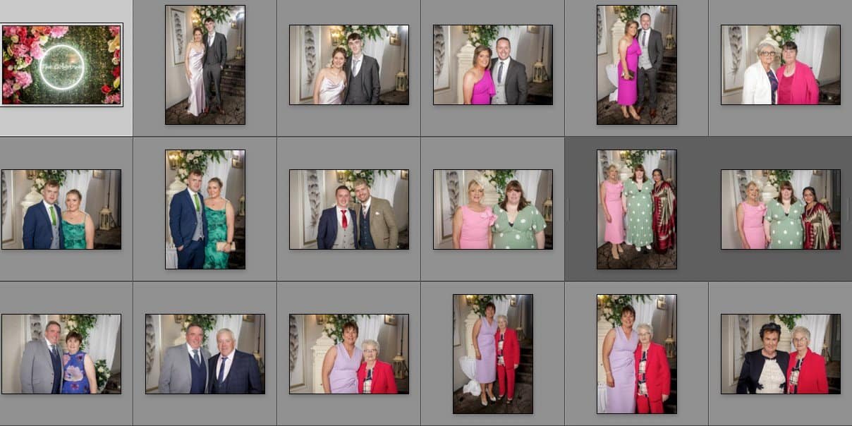A grid of 16 photos showing small groups of people dressed in formal or semi-formal attire, posing and smiling indoors, plus one floral arrangement with a lit circular sign.