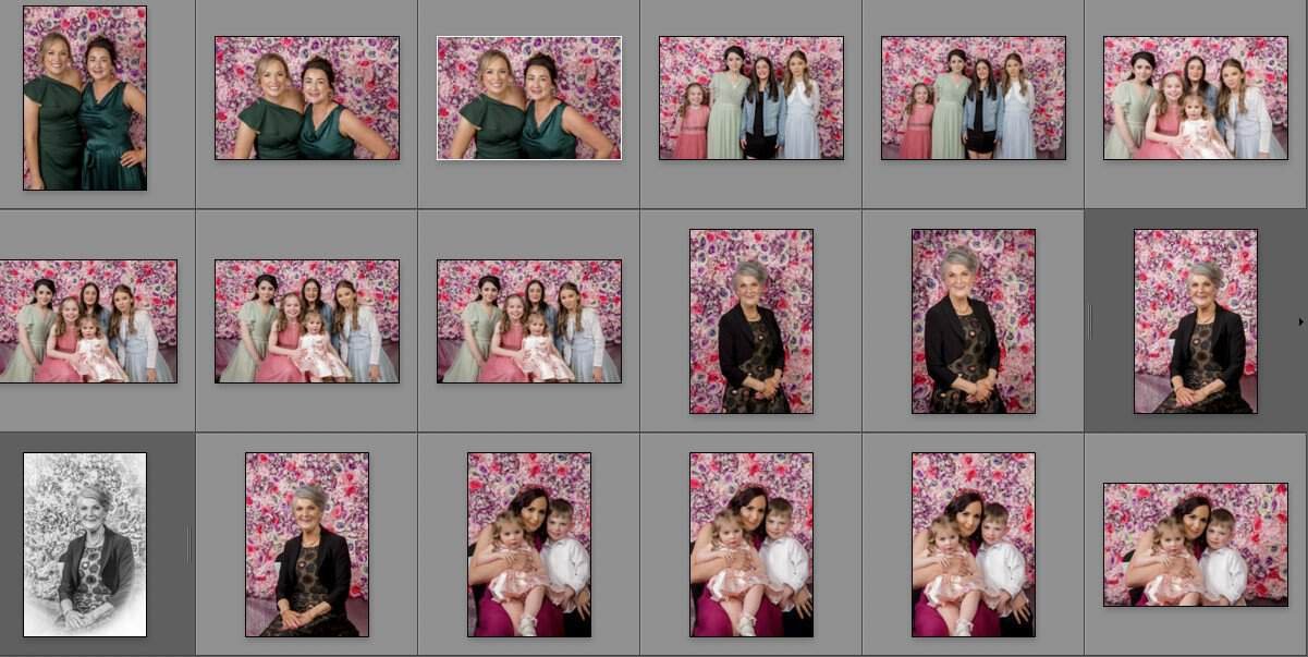 Fifteen portraits show women, girls, and boys posing in front of a pink floral backdrop. Most wear formal attire. The last image is black and white; the rest are in colour.