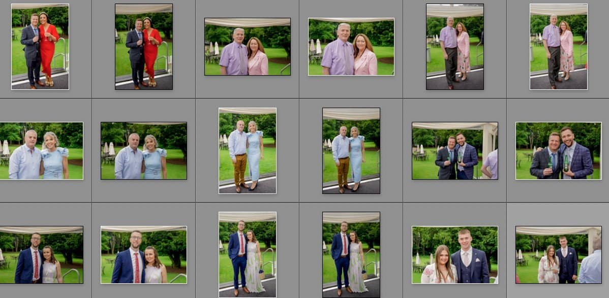 A grid of twelve photos shows various pairs and small groups of people dressed formally, standing outdoors on grass or under a marquee, with trees and lawn in the background.