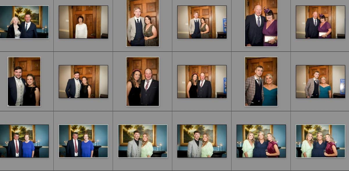 A grid of formal event photos features various pairs and small groups of people dressed in suits and dresses, posing indoors against wooden doors and blue walls with framed artwork and a plant visible.