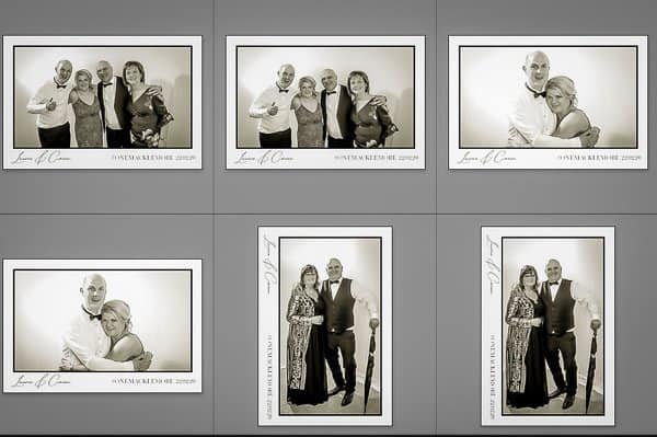 Black and white photo booth images of people at an event.