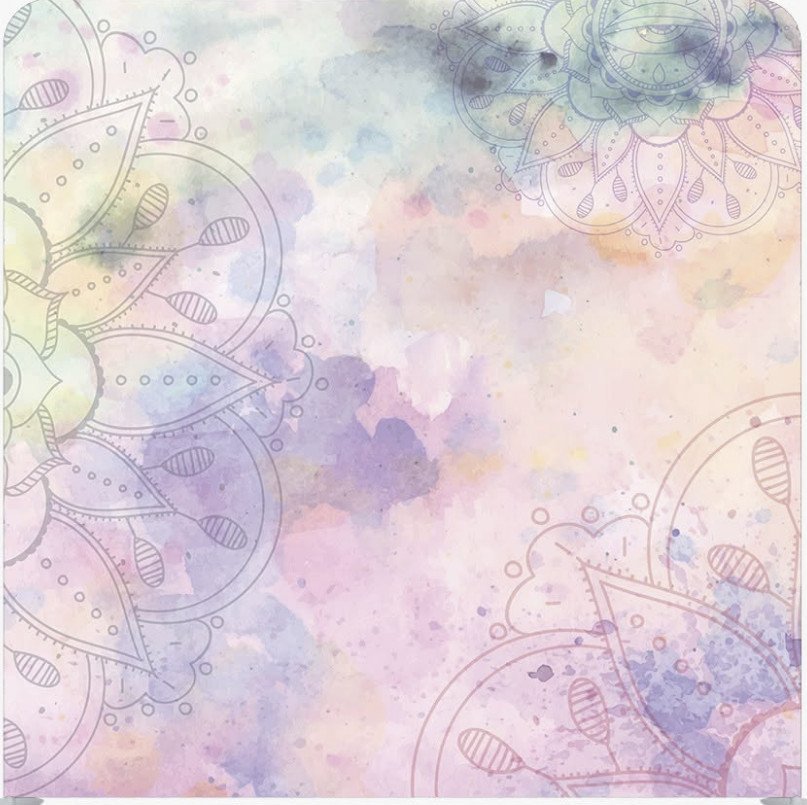 Watercolour background in pastel shades featuring three partial mandala illustrations in the corners.