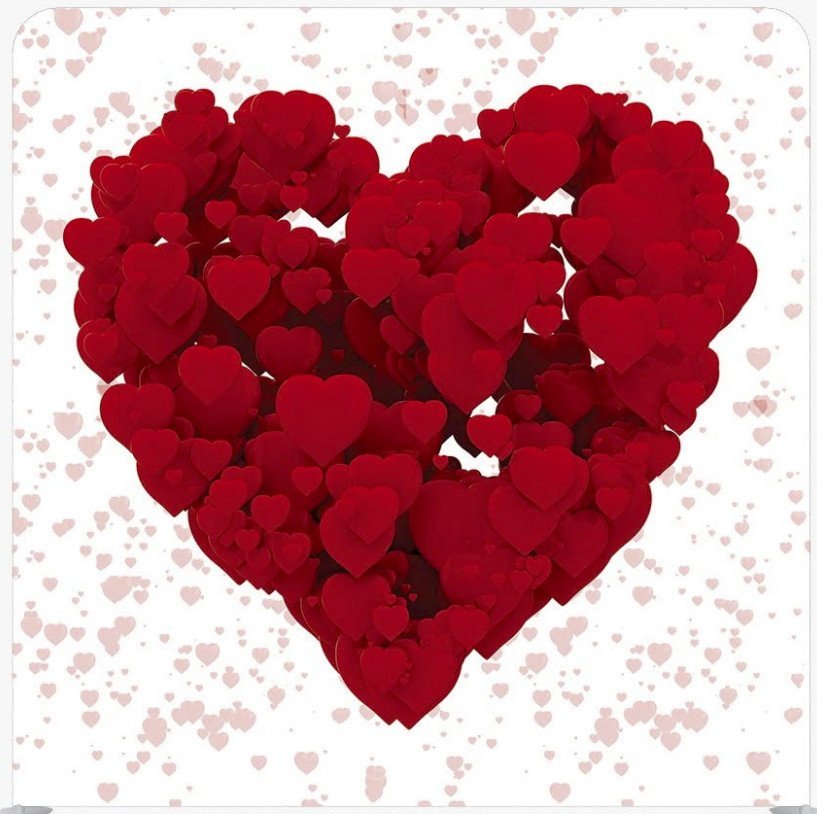 A large, heart-shaped cluster made of many smaller red hearts against a background patterned with tiny heart outlines.